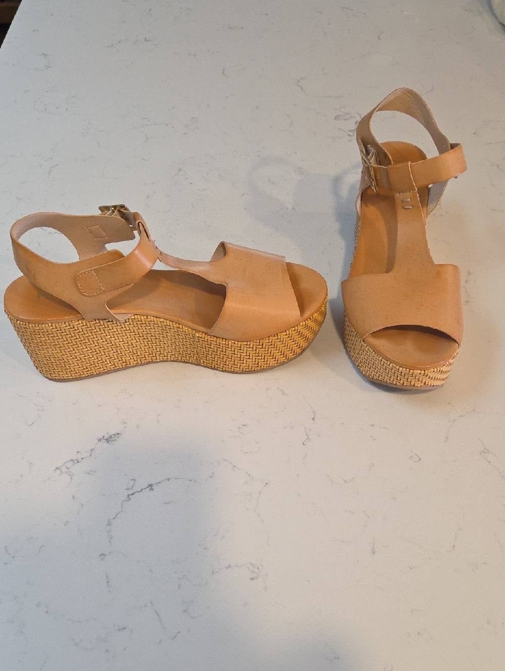 Women’s Neutral Tan Platform Wedge Sandals with Ankle Strap